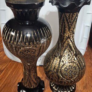 Pair of Large Vintage Brass Etched Middle Eastern Style Vases
